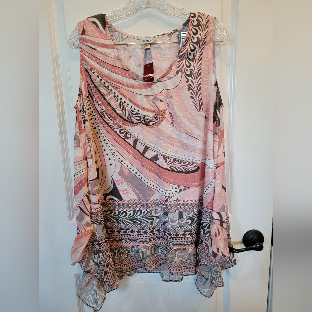 AVENUE Sleeveless Women's Top Size 14/16 Peach Gray Flowy Blouse Tank NWT